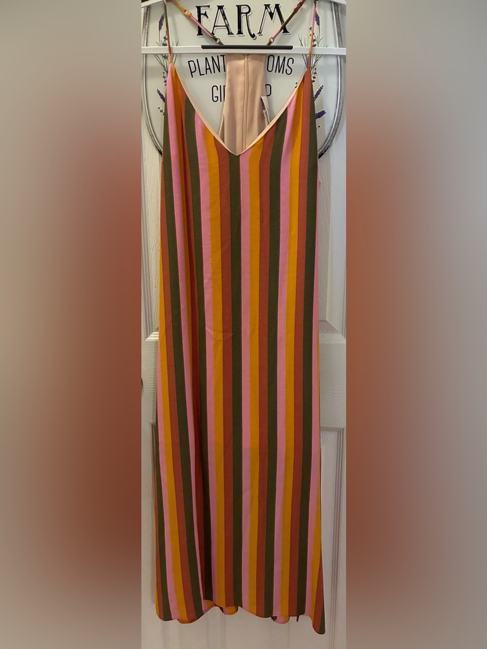Lavender Brown Striped Maxi Dress in Pink, Olive & Mustard